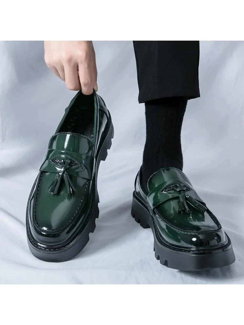 Men's Green Patent Leather Loafers Chunky Heel Tassel Slip On Dress Shoes